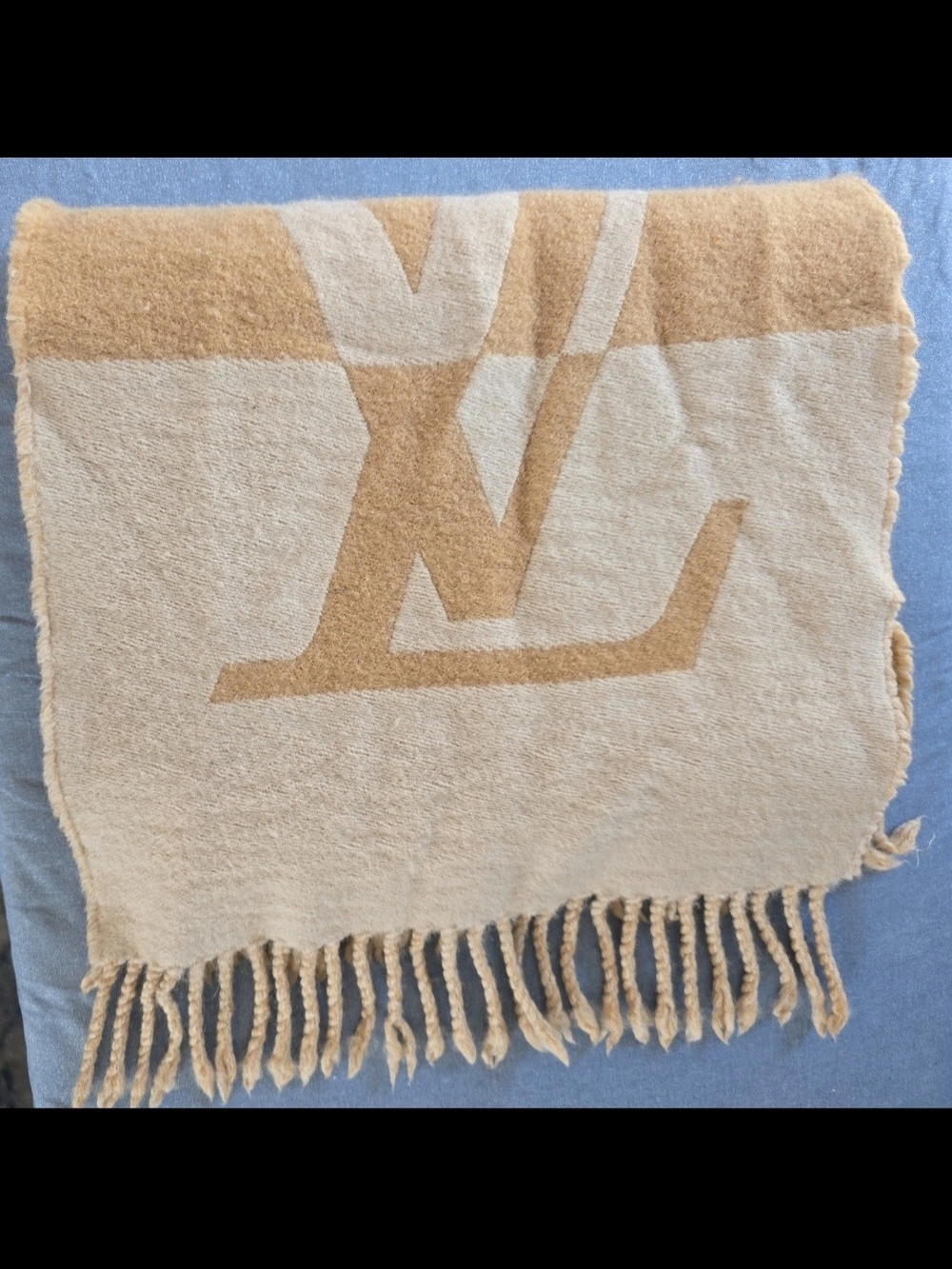 Louis Vuitton Two-Tone Beige Logo Fringe Blanket Scarf